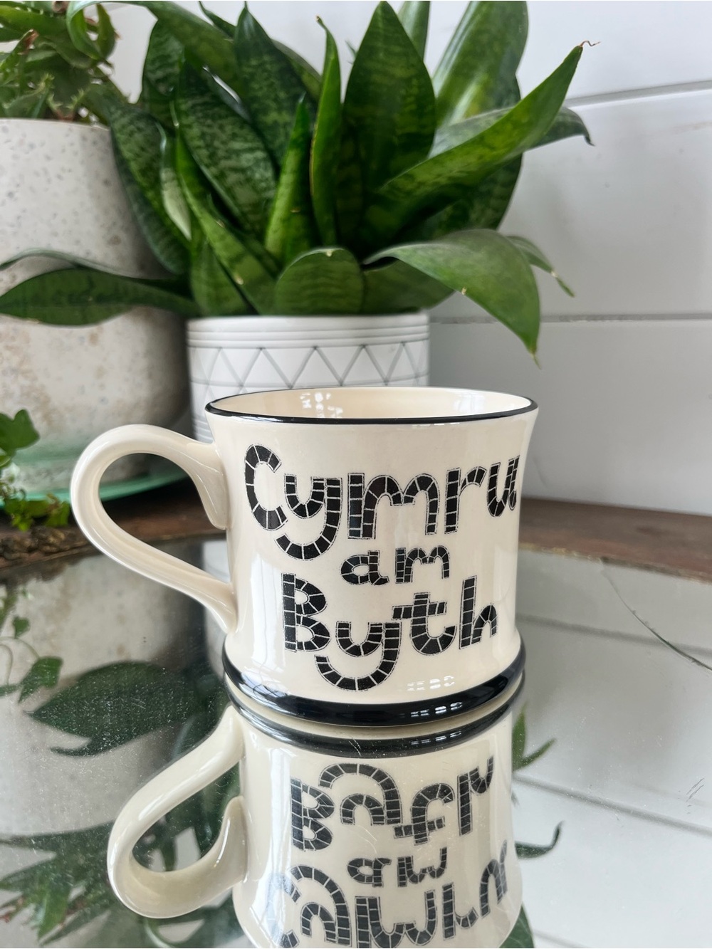 Moorland white ceramic mug, Welsh phrase "Cymru am Byth," (Wales Forever)